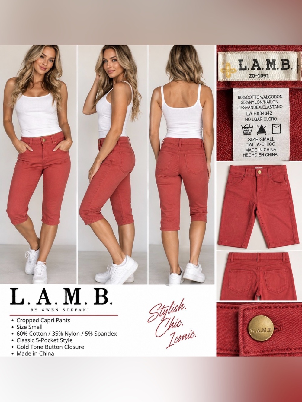 L.A.M.B. Gwen Stefani Red Cropped Capri Pants Size Small Stretch